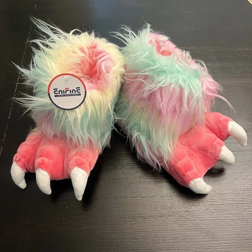 Girls Animal Furry Paw Slippers with Non-Slip Suede